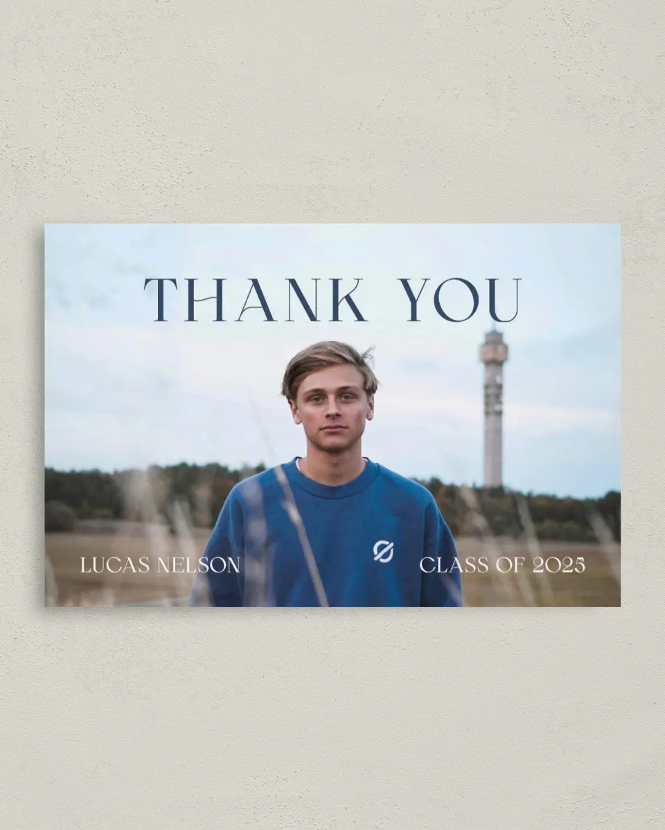 This is a 4" x 6" Folded Graduation Thank You Card called Set Your Sights printed in full color on Premium Smooth paper