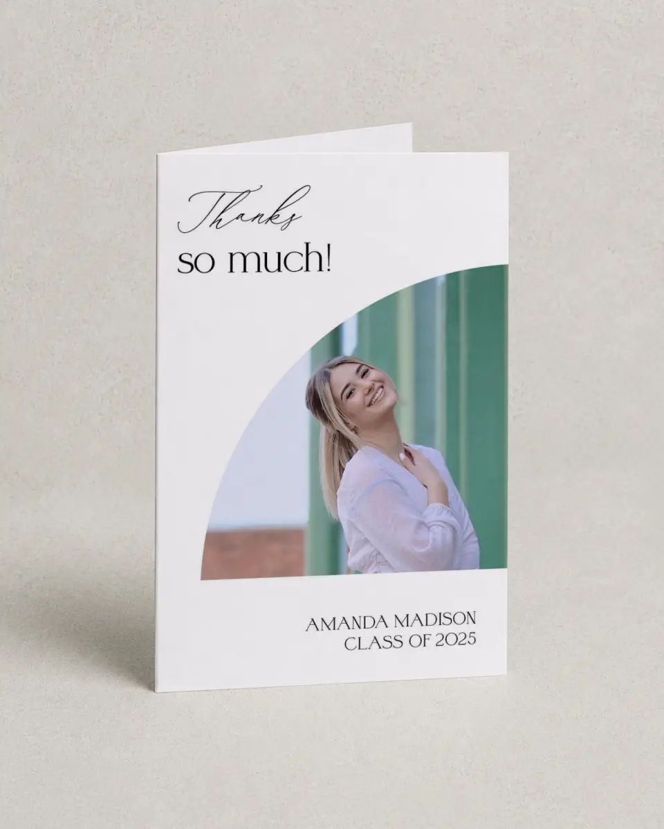 This is a 4" x 6" Folded Graduation Thank You Card called Growing and Glowing printed in full color on Premium Smooth paper
