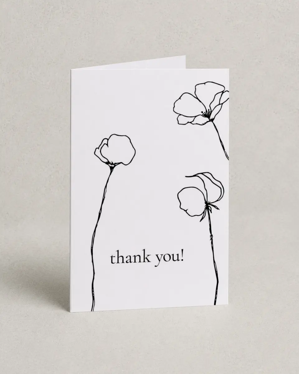 This is a 4" x 6" Folded Baby Shower Thank You Card called Budding Poppies printed in full color on Premium Smooth paper