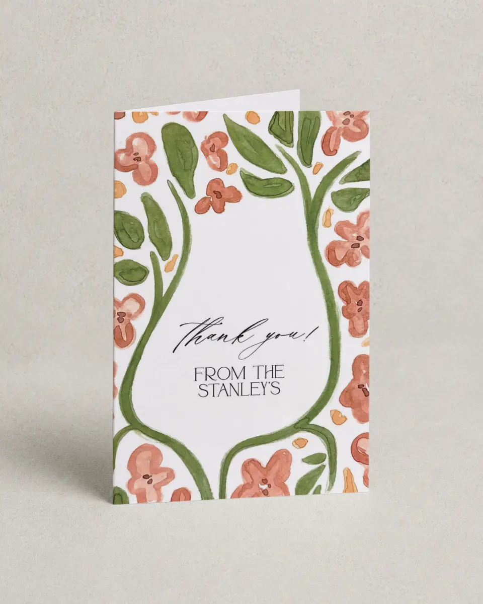 This is a 4" x 6" Folded Baby Shower Thank You Card called Nursery Blooms printed in full color with Gold foil on Luxe Satin (coated) paper
