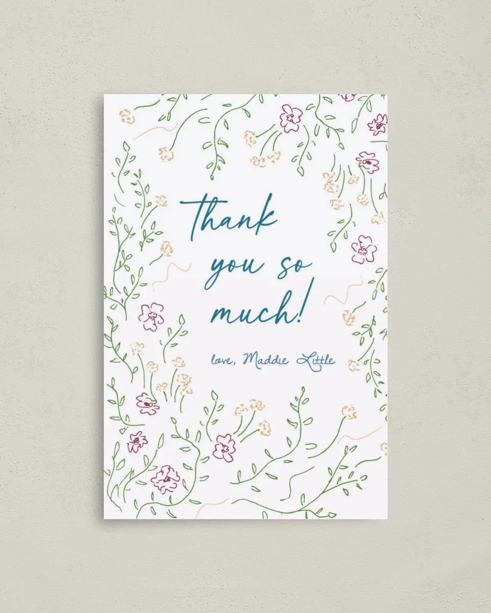 This is a 4" x 6" Folded Baby Shower Thank You Card called Delicate Dreams printed in full color on Premium Smooth paper