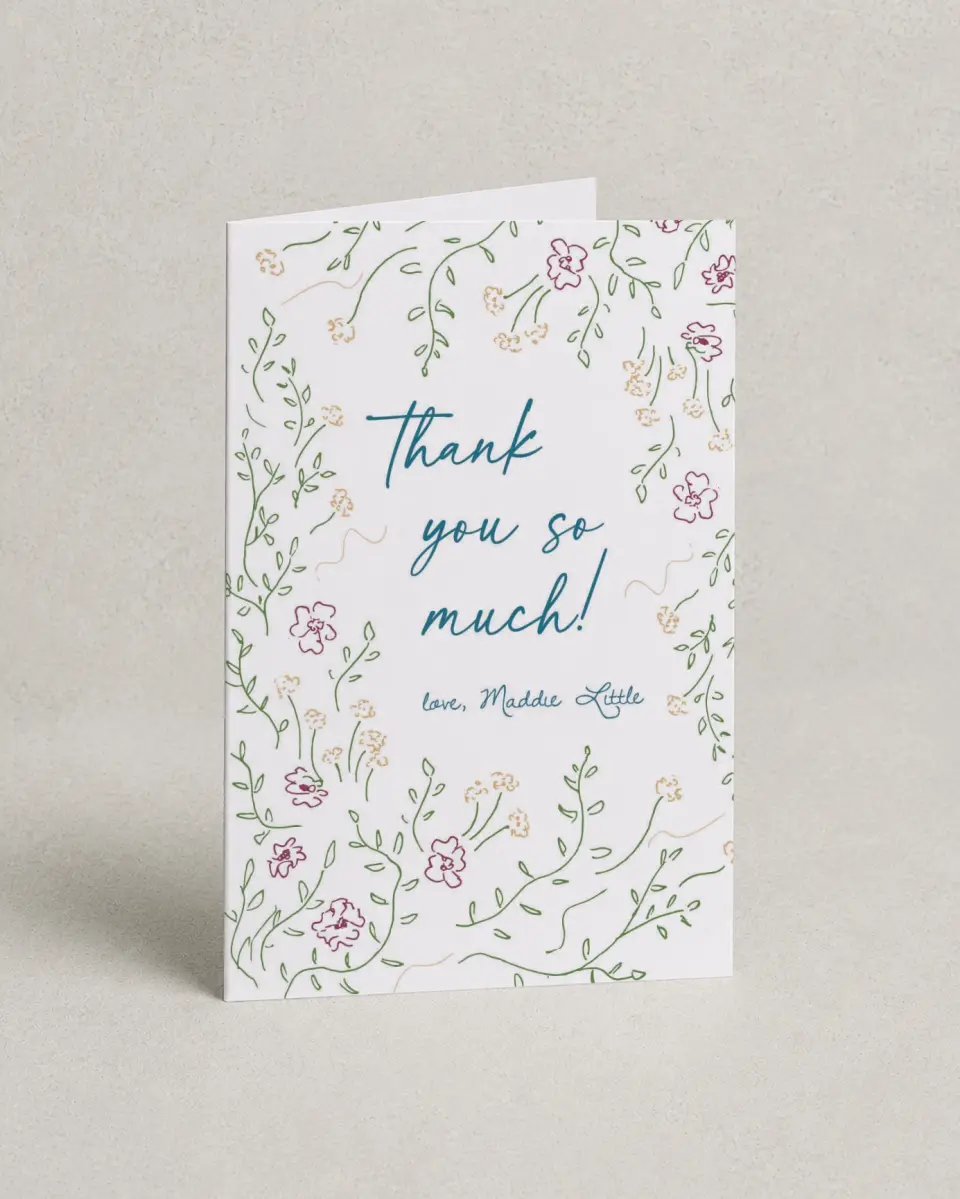 This is a 4" x 6" Folded Baby Shower Thank You Card called Delicate Dreams printed in full color with Silver foil on Luxe Satin (coated) paper