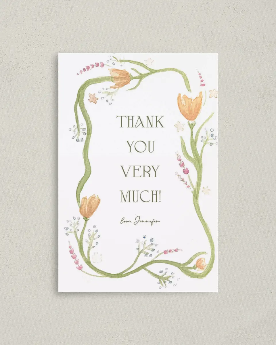 This is a 4" x 6" Folded Baby Shower Thank You Card called Frilly Florals printed in full color on Premium Smooth paper