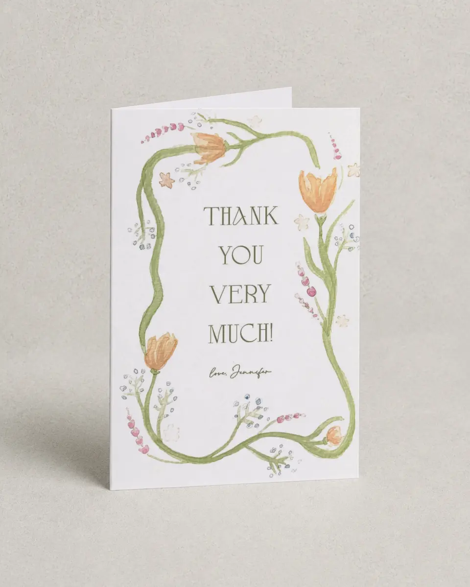 This is a 4" x 6" Folded Baby Shower Thank You Card called Frilly Florals printed in full color with Silver foil on Luxe Satin (coated) paper