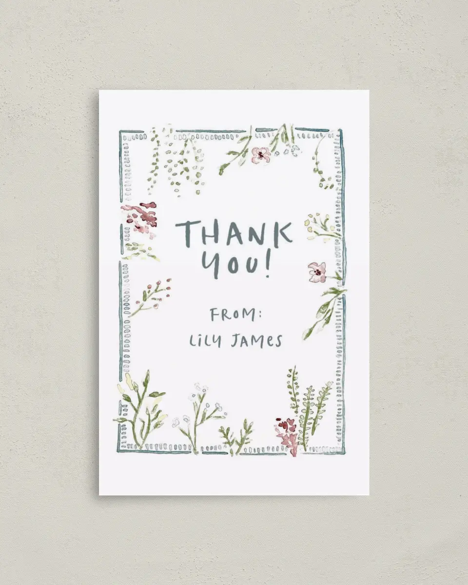 This is a 4" x 6" Folded Baby Shower Thank You Card called Picking New Petals printed in full color on Premium Smooth paper