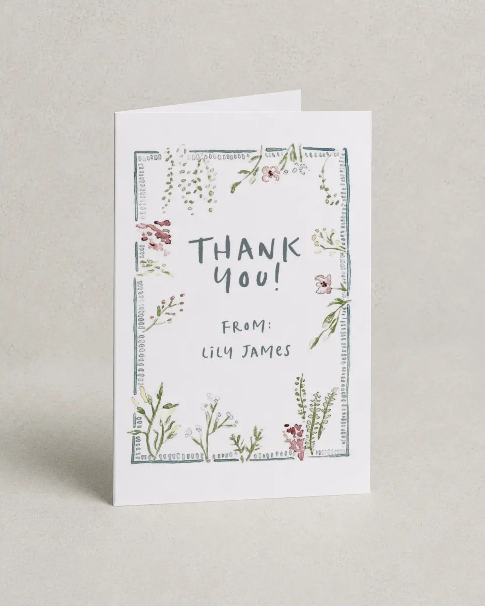 This is a 4" x 6" Folded Baby Shower Thank You Card called Picking New Petals printed in full color on Premium Smooth paper