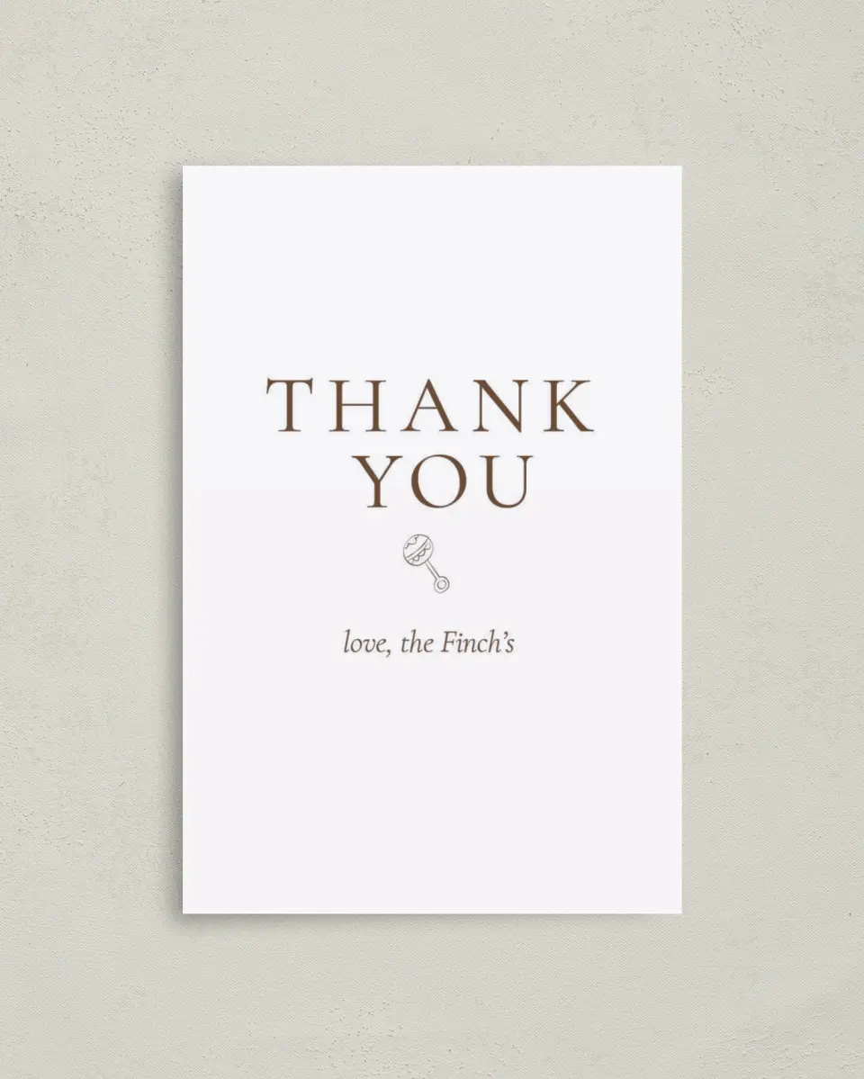 This is a 4" x 6" Folded Baby Shower Thank You Card called Mini Me printed in full color on Premium Smooth paper