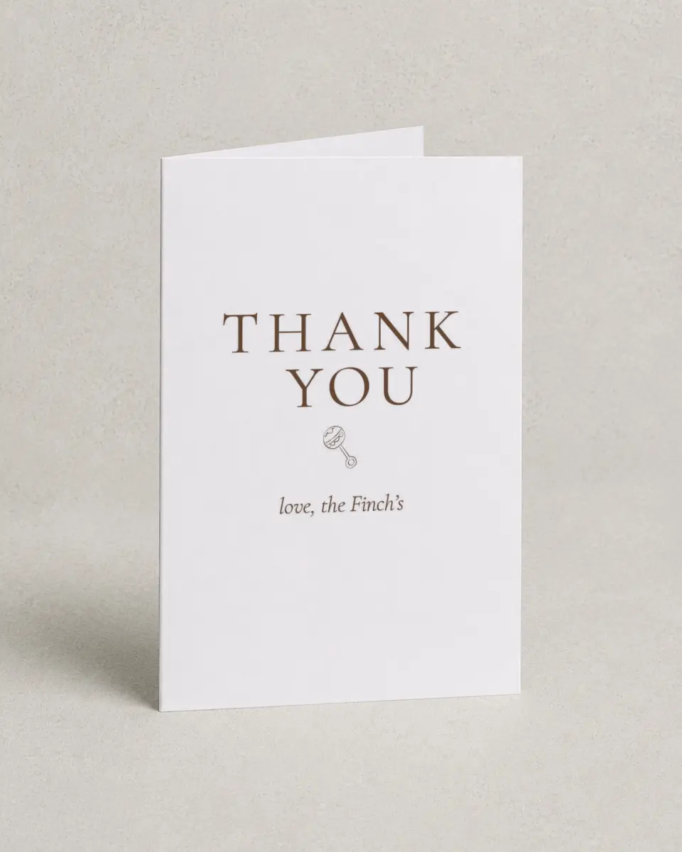This is a 4" x 6" Folded Baby Shower Thank You Card called Mini Me printed in full color on Premium Smooth paper