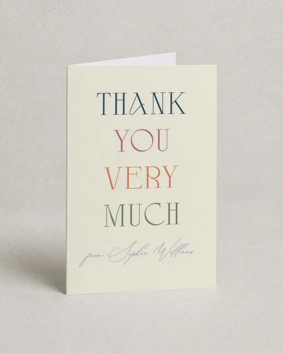 This is a 4" x 6" Folded Baby Shower Thank You Card called Warm Welcome printed in full color with Silver foil on Luxe Satin (coated) paper