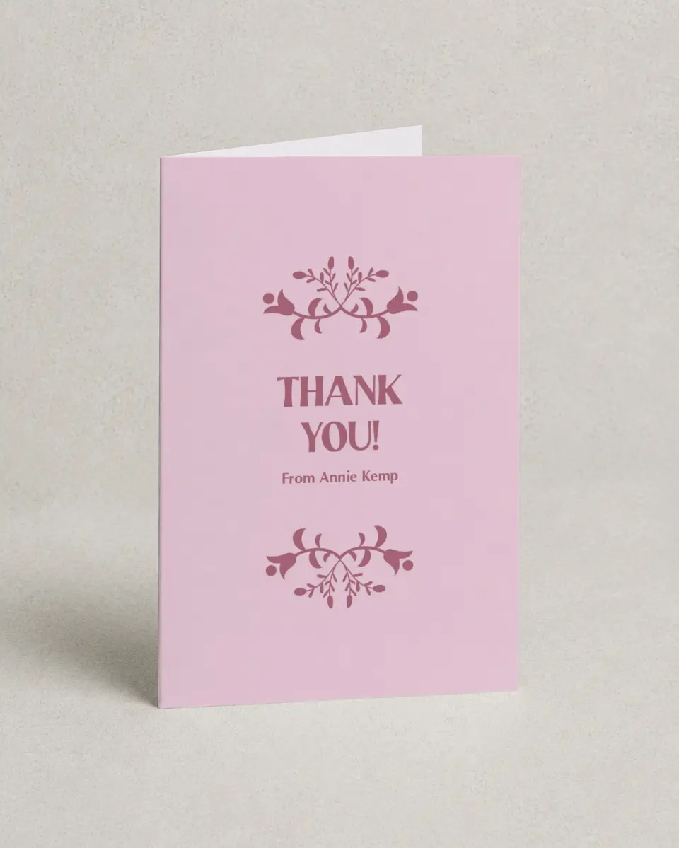 This is a 4" x 6" Folded Baby Shower Thank You Card called Pink Party printed in full color with Silver foil on Luxe Satin (coated) paper