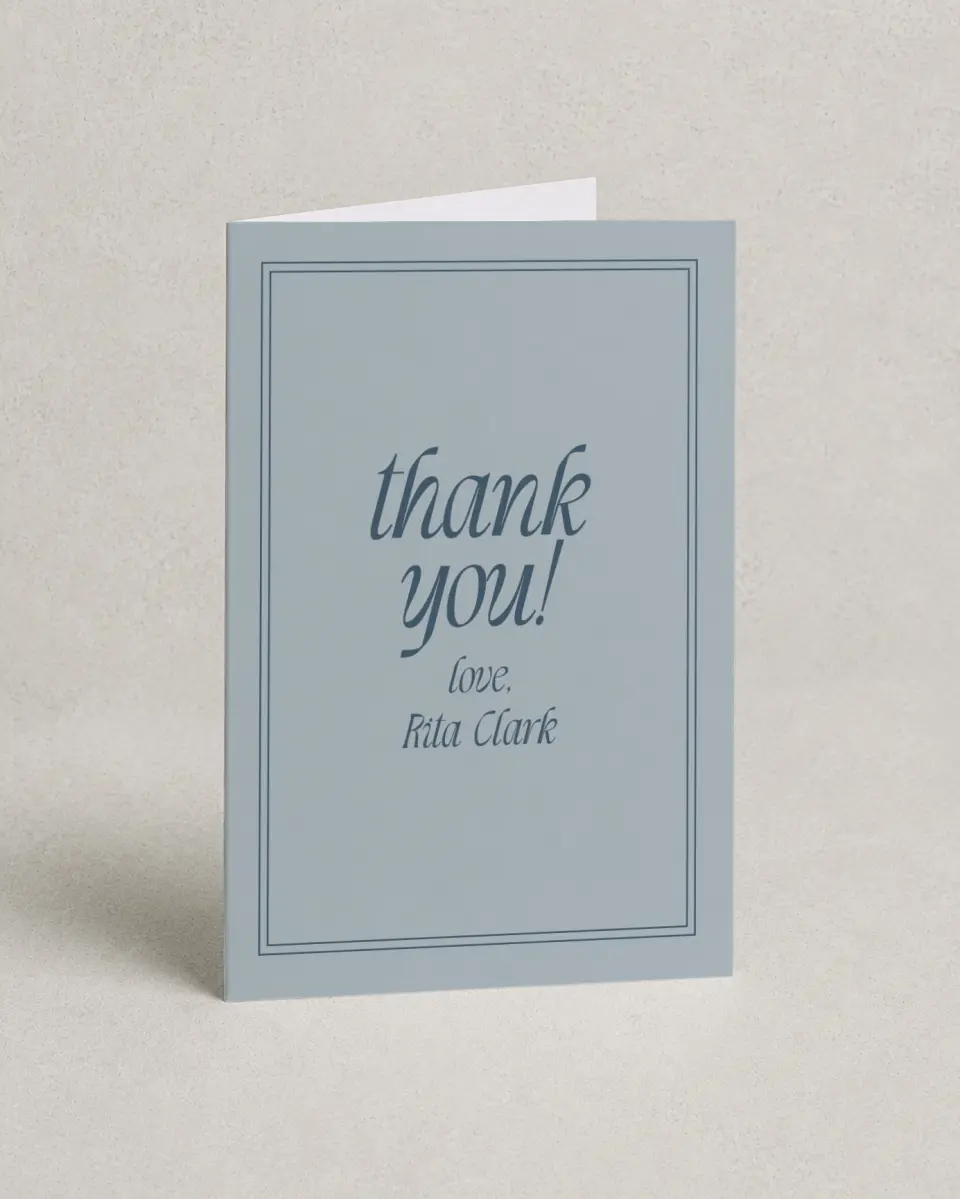 This is a 4" x 6" Folded Baby Shower Thank You Card called Breezy Brunch printed in full color with Silver foil on Luxe Satin (coated) paper