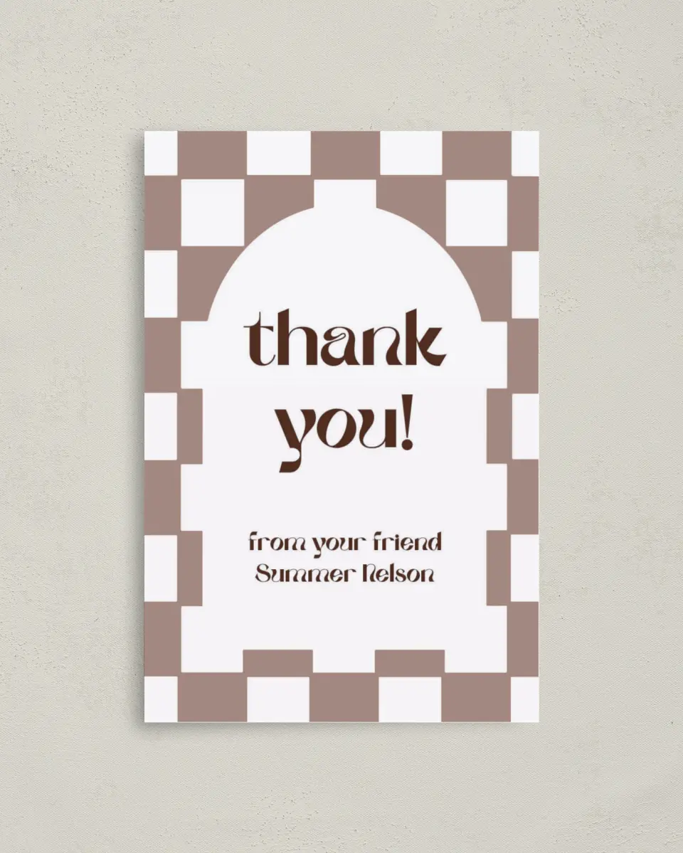 This is a 4" x 6" Folded Baby Shower Thank You Card called Checkered Celebration printed in full color on Premium Smooth paper