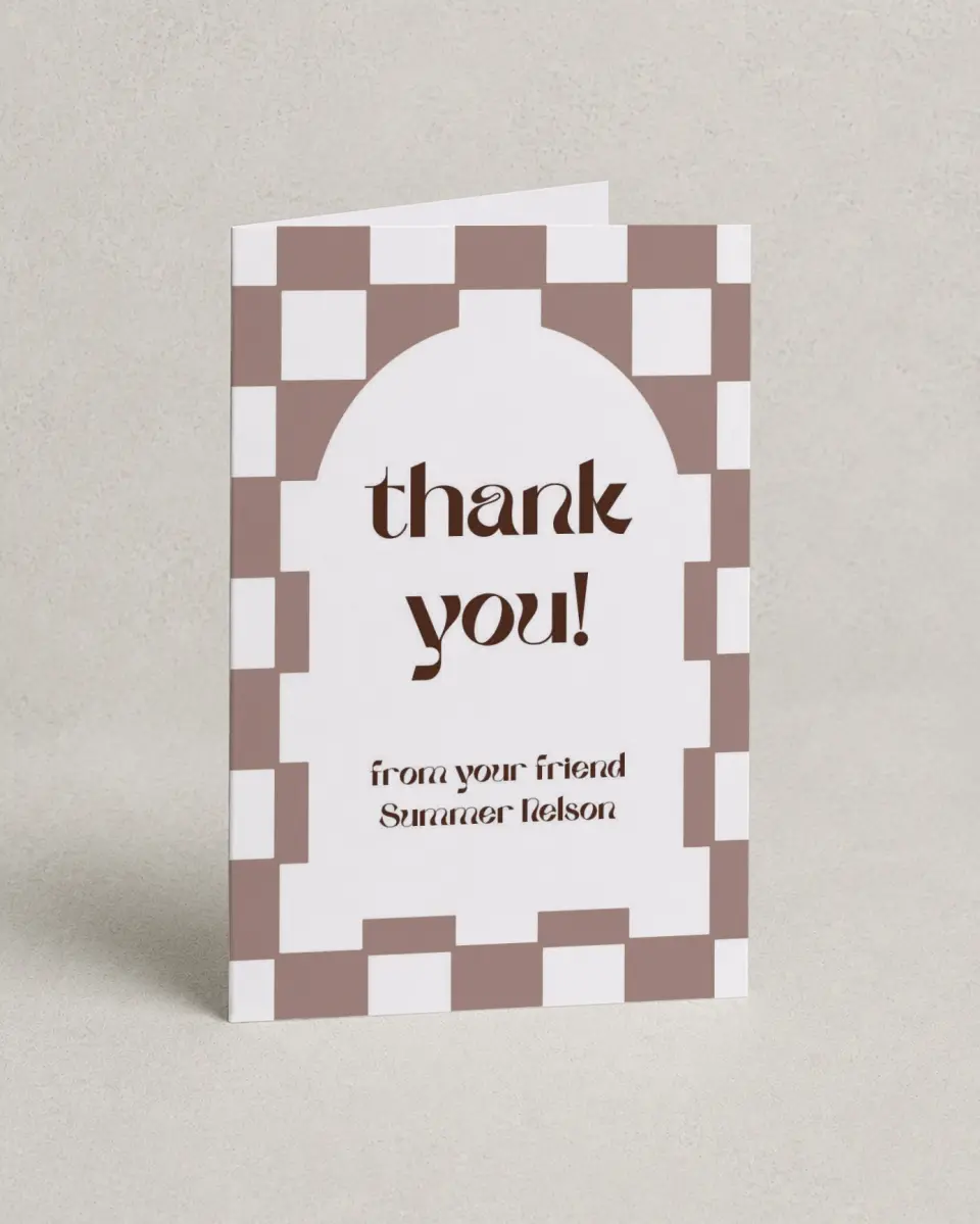 This is a 4" x 6" Folded Baby Shower Thank You Card called Checkered Celebration printed in full color on Premium Smooth paper
