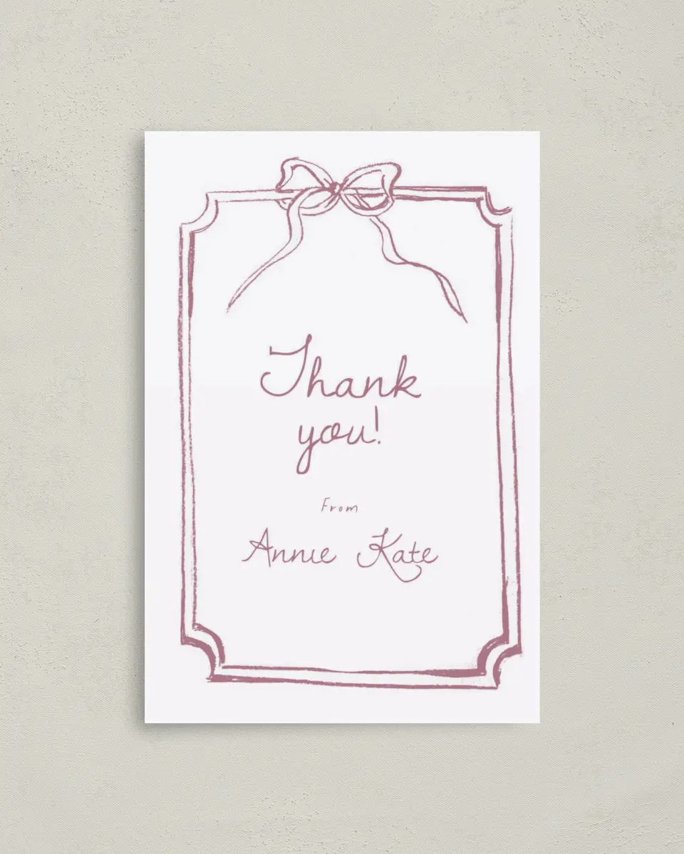 This is a 4" x 6" Folded Baby Shower Thank You Card called Careful Coquette printed in full color on Premium Smooth paper