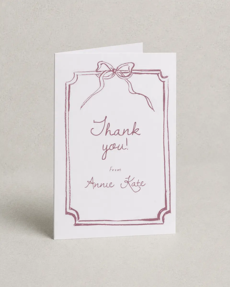 This is a 4" x 6" Folded Baby Shower Thank You Card called Careful Coquette printed in full color on Premium Smooth paper