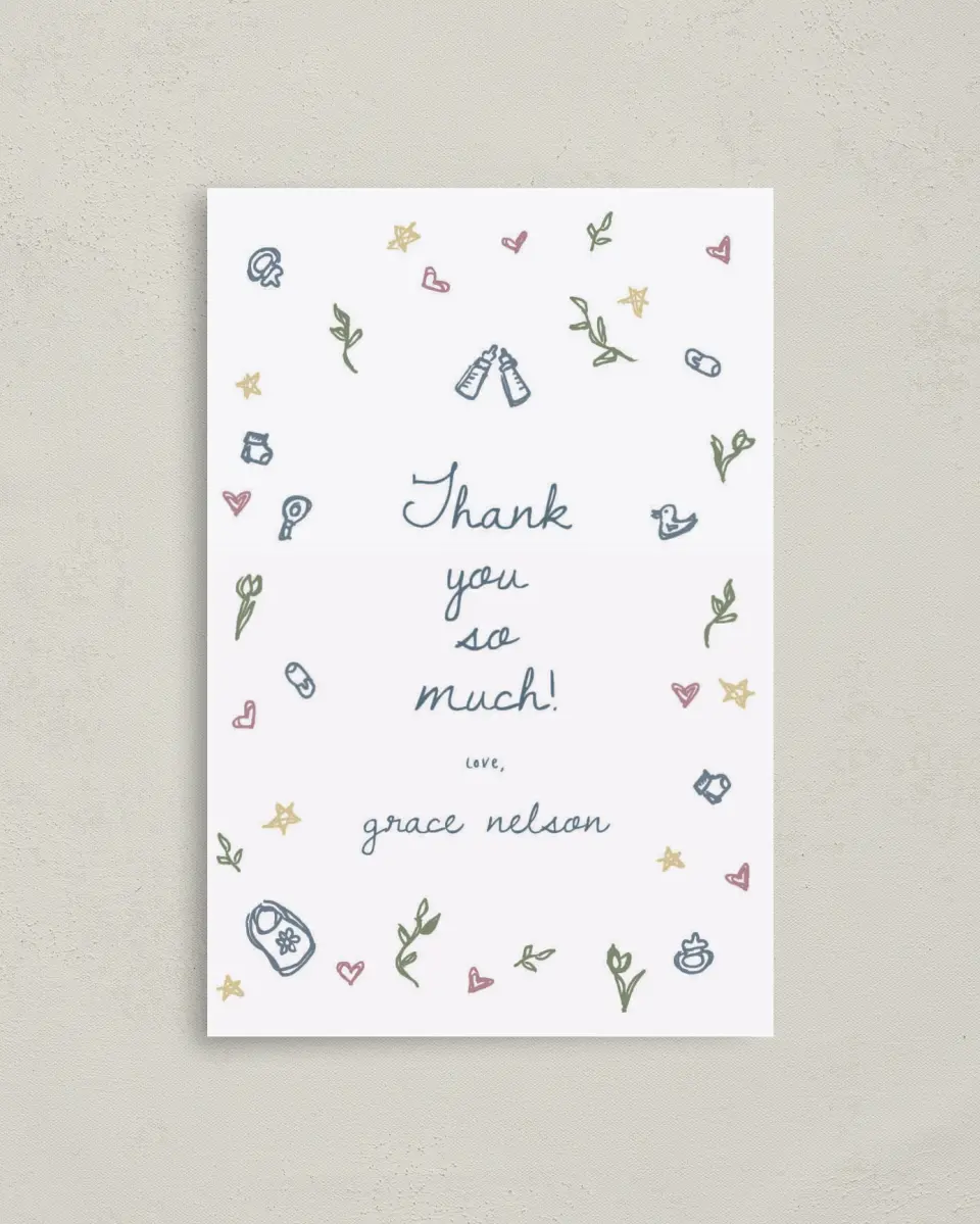 This is a 4" x 6" Folded Baby Shower Thank You Card called Dainty Delight printed in full color on Premium Smooth paper