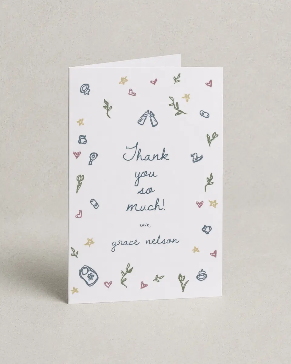 This is a 4" x 6" Folded Baby Shower Thank You Card called Dainty Delight printed in full color with Silver foil on Luxe Satin (coated) paper