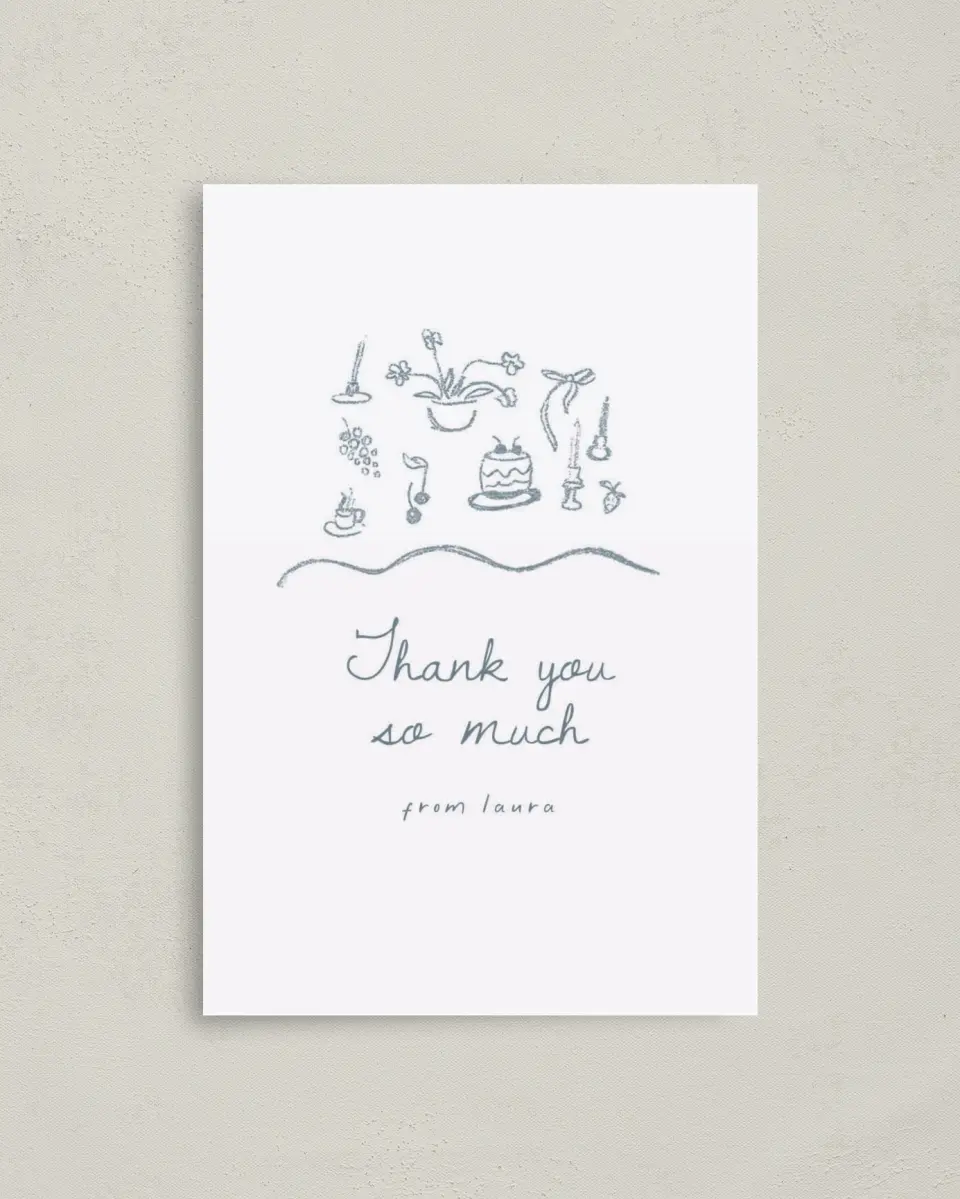 This is a 4" x 6" Folded Baby Shower Thank You Card called Teeny Tiny Tea printed in full color on Premium Smooth paper