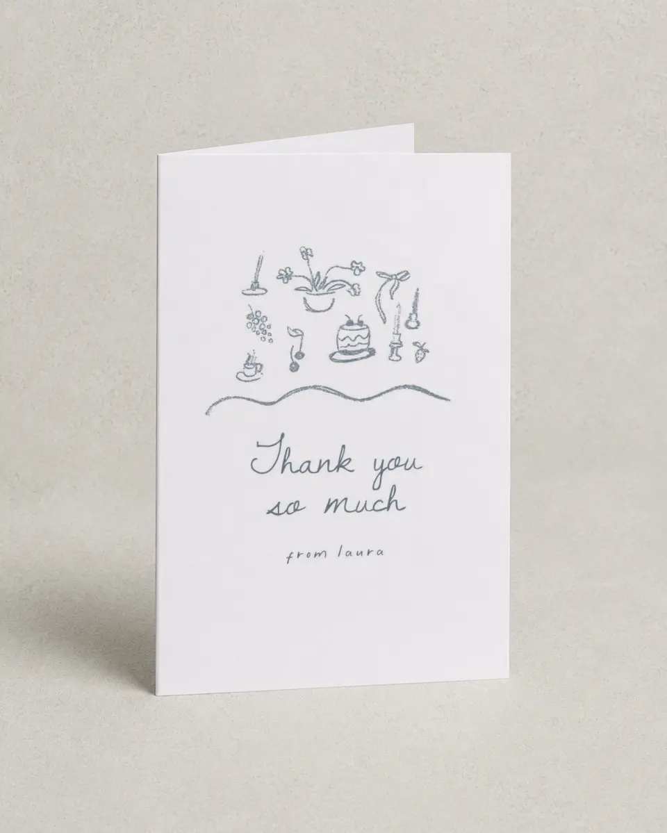 This is a 4" x 6" Folded Baby Shower Thank You Card called Teeny Tiny Tea printed in full color on Premium Smooth paper
