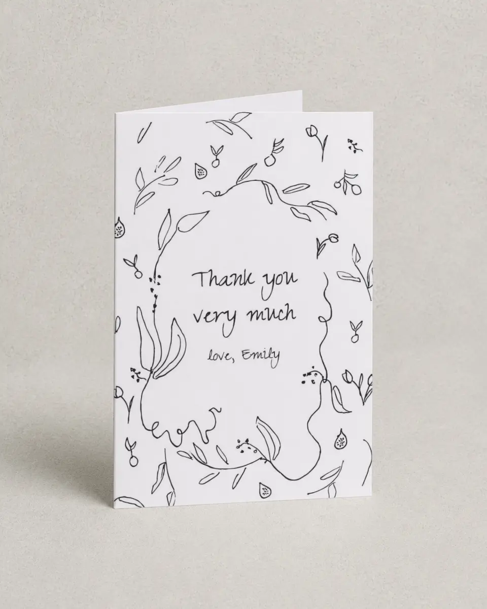 This is a 4" x 6" Folded Baby Shower Thank You Card called Fruit On The Vine printed in full color with Silver foil on Luxe Satin (coated) paper