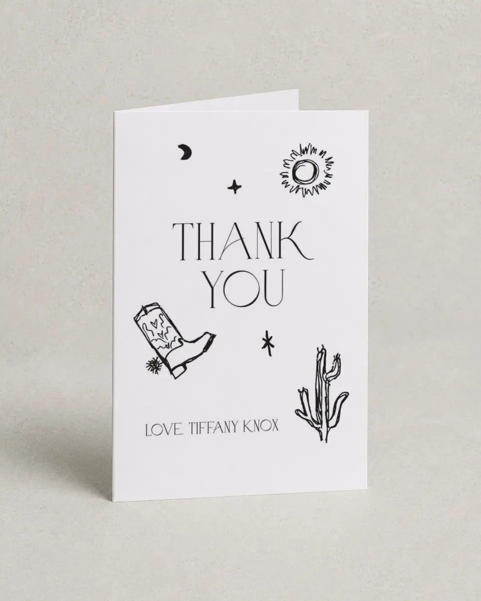 This is a 4" x 6" Folded Baby Shower Thank You Card called Little Cowgirl printed in full color with Silver foil on Luxe Satin (coated) paper