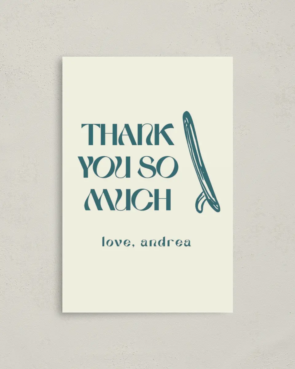 This is a 4" x 6" Folded Baby Shower Thank You Card called Ready for Surf printed in full color on Premium Smooth paper