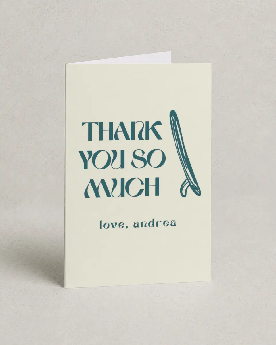 This is a 4" x 6" Folded Baby Shower Thank You Card called Ready for Surf printed in full color with Silver foil on Luxe Satin (coated) paper