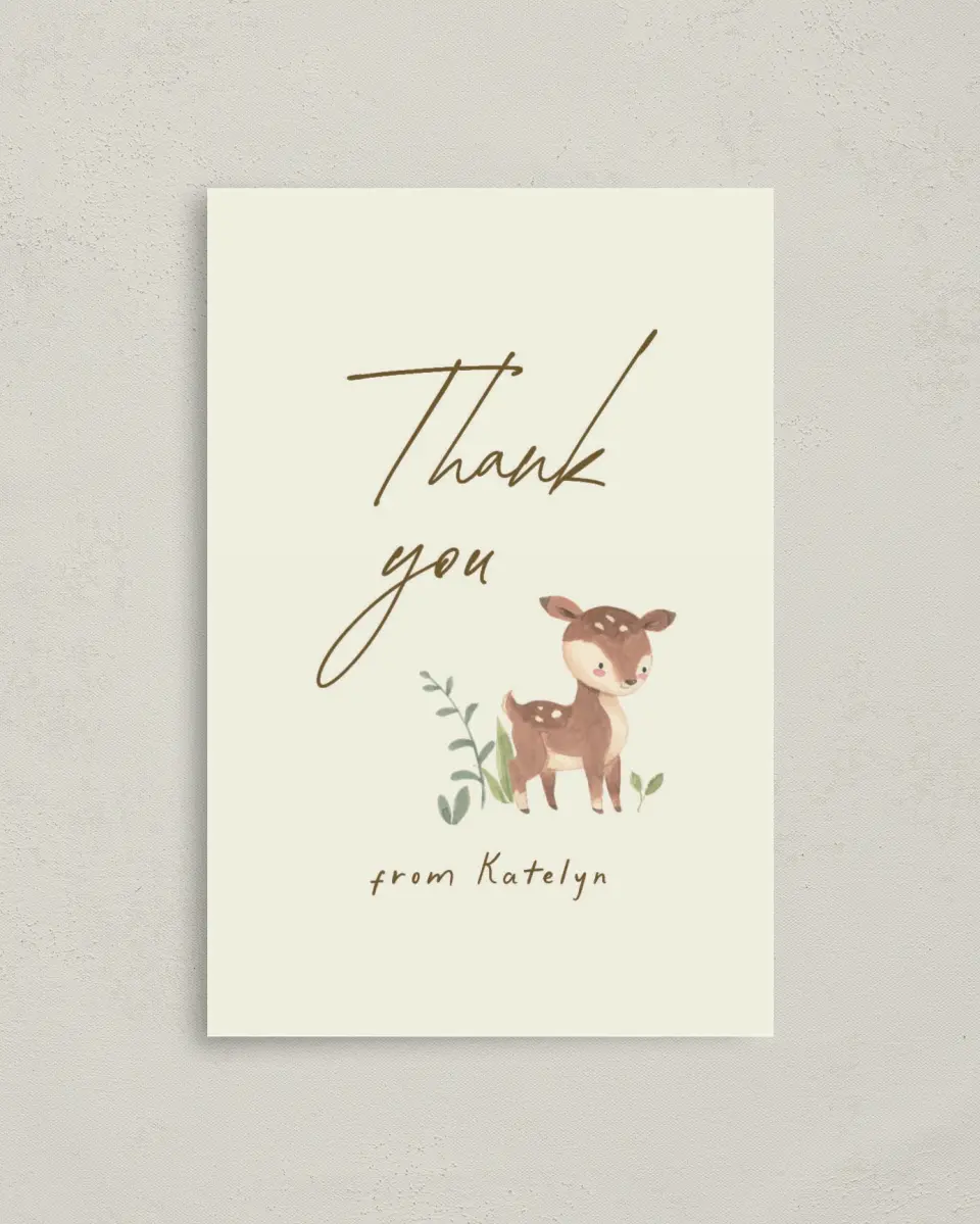 This is a 4" x 6" Folded Baby Shower Thank You Card called Forest Friends printed in full color on Premium Smooth paper