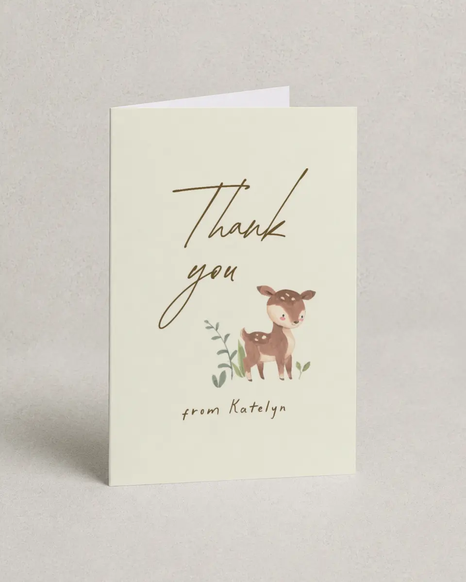 This is a 4" x 6" Folded Baby Shower Thank You Card called Forest Friends printed in full color with Silver foil on Luxe Satin (coated) paper