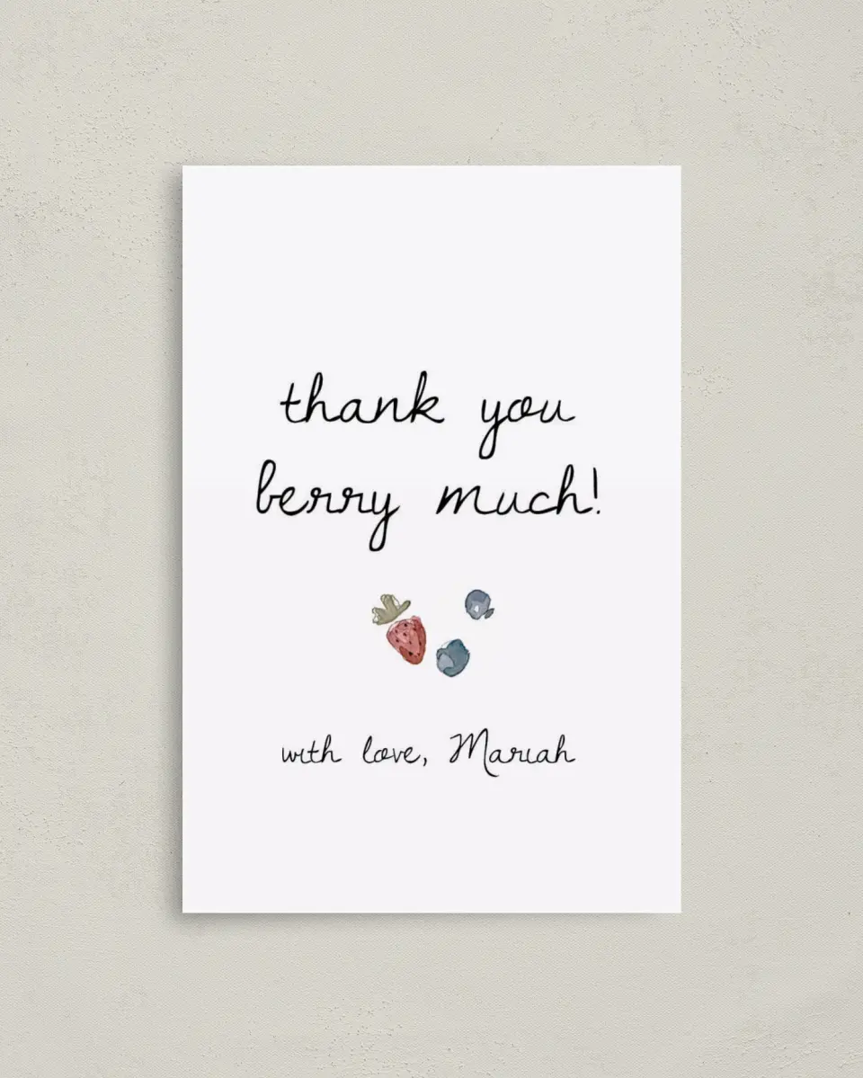 This is a 4" x 6" Folded Baby Shower Thank You Card called Baby Berries printed in full color on Premium Smooth paper