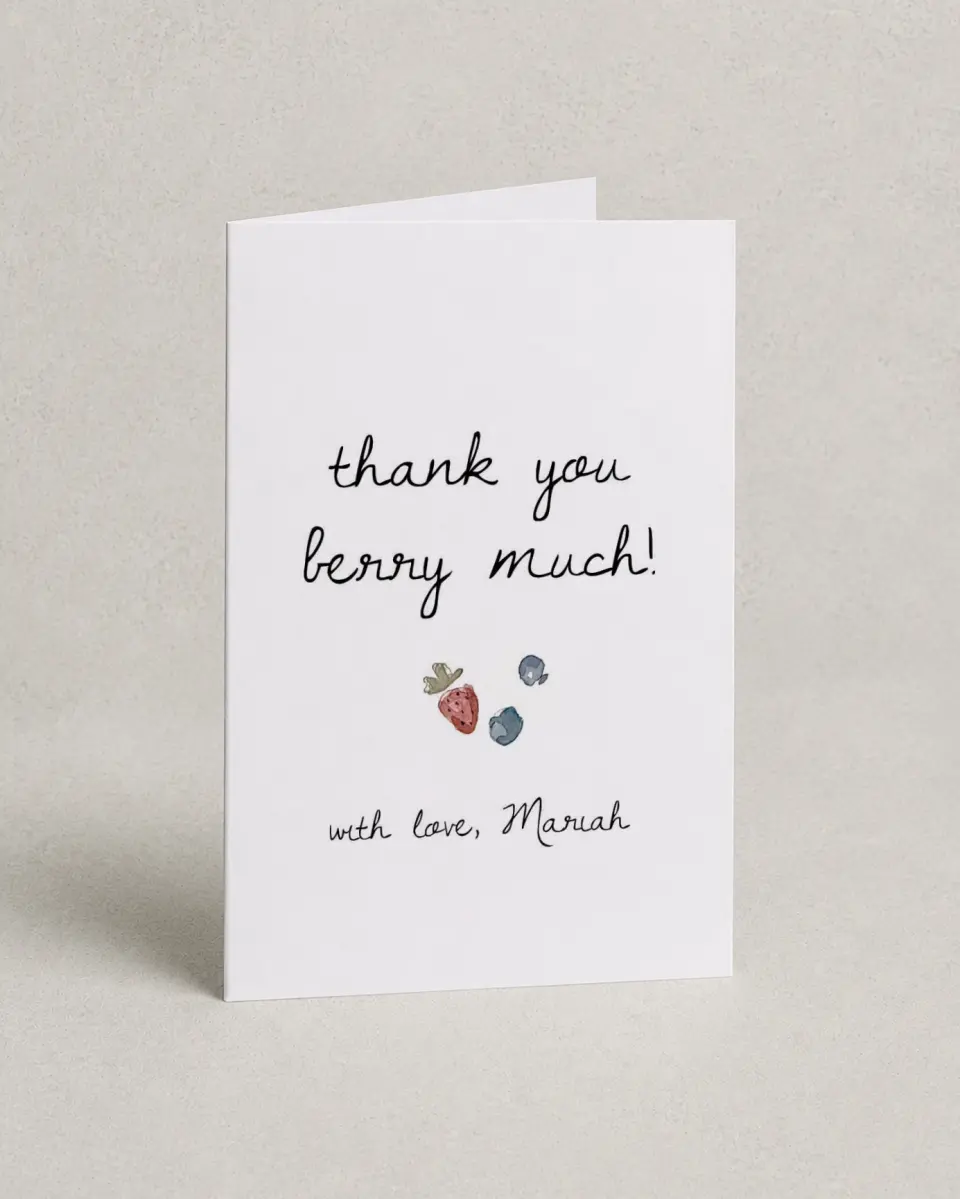 This is a 4" x 6" Folded Baby Shower Thank You Card called Baby Berries printed in full color with Silver foil on Luxe Satin (coated) paper