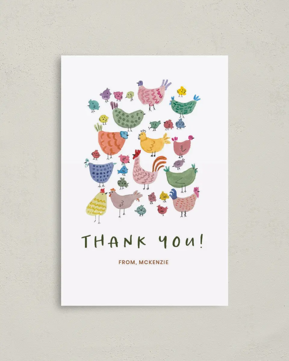 This is a 4" x 6" Folded Baby Shower Thank You Card called Little Chickadee printed in full color on Premium Smooth paper