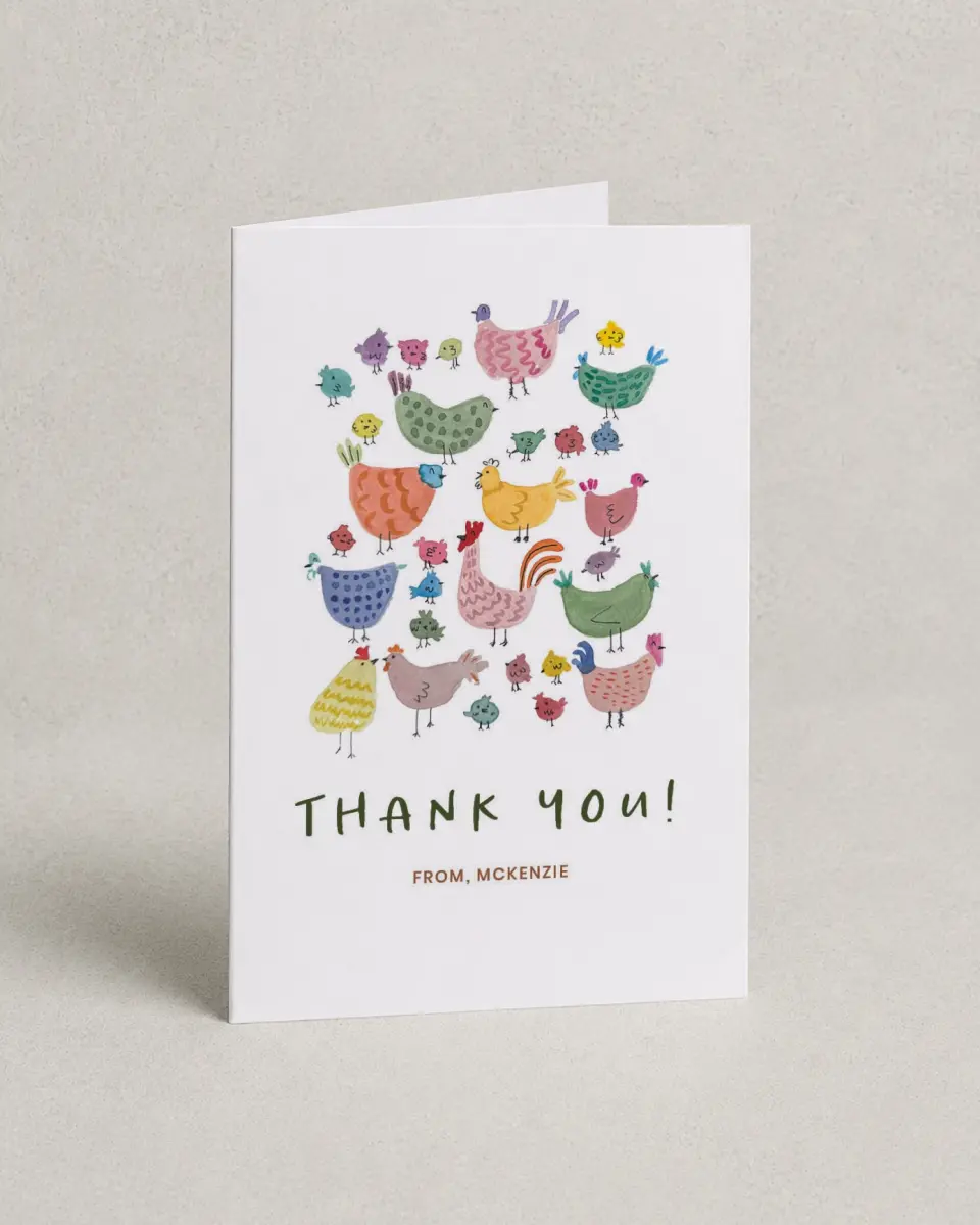This is a 4" x 6" Folded Baby Shower Thank You Card called Little Chickadee printed in full color with Silver foil on Luxe Satin (coated) paper