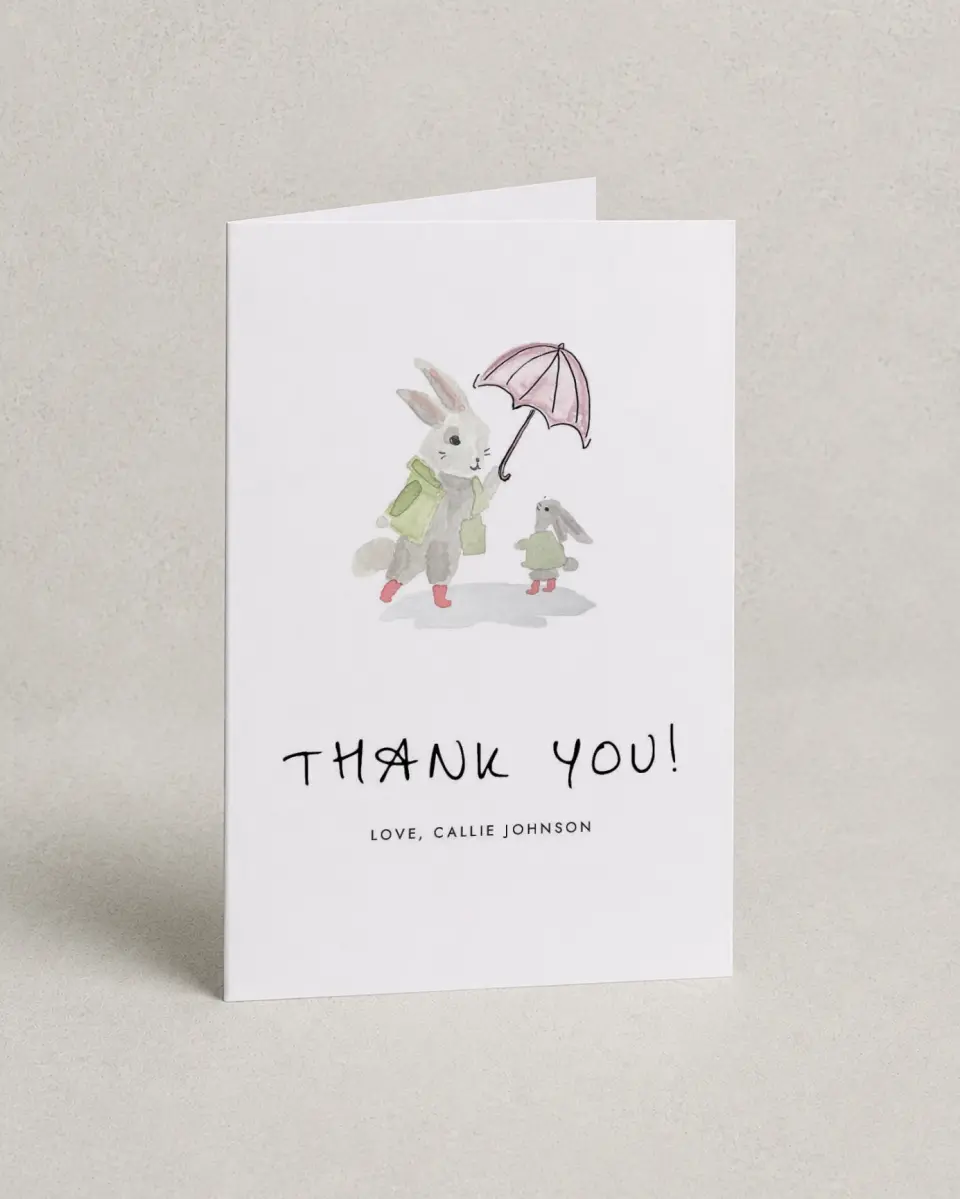 This is a 4" x 6" Folded Baby Shower Thank You Card called Shower Wishes printed in full color with Silver foil on Luxe Satin (coated) paper