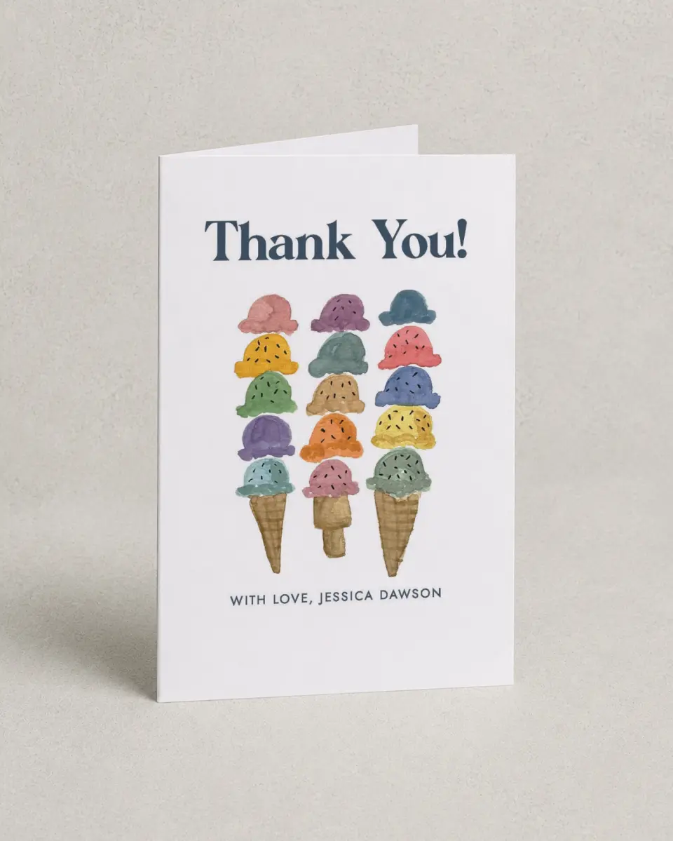 This is a 4" x 6" Folded Baby Shower Thank You Card called Joy Sprinkles printed in full color with Silver foil on Luxe Satin (coated) paper