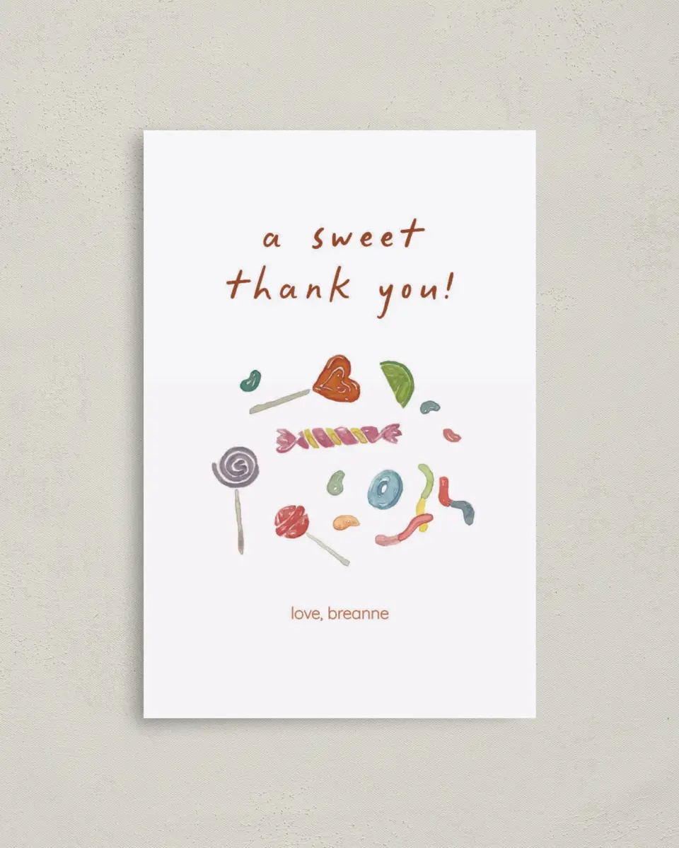 This is a 4" x 6" Folded Baby Shower Thank You Card called Sweet Surprise printed in full color on Premium Smooth paper