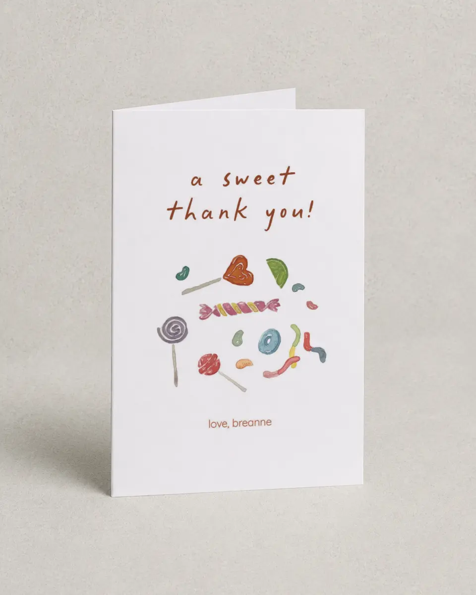 This is a 4" x 6" Folded Baby Shower Thank You Card called Sweet Surprise printed in full color on Premium Smooth paper