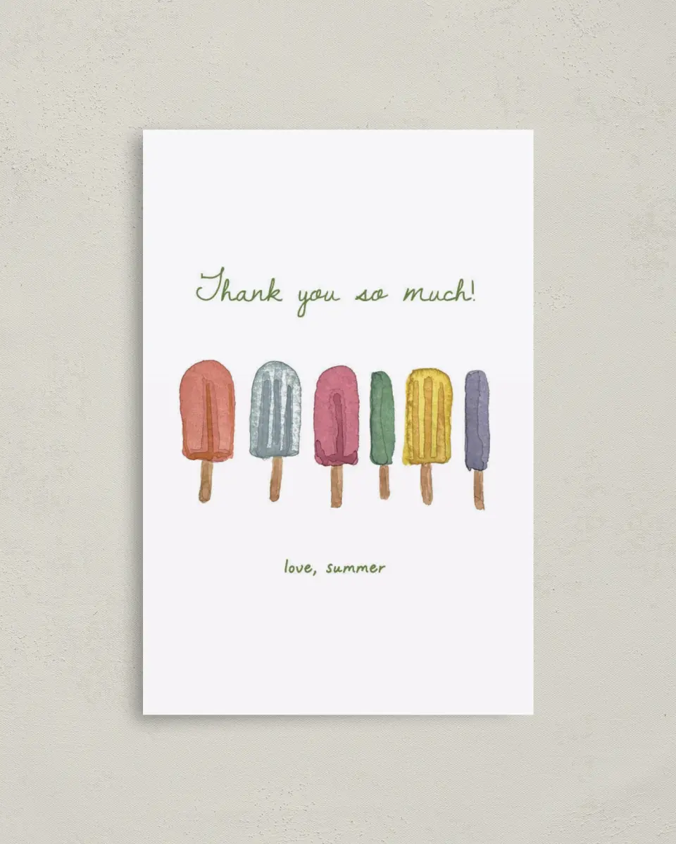 This is a 4" x 6" Folded Baby Shower Thank You Card called Summer Showers printed in full color on Premium Smooth paper