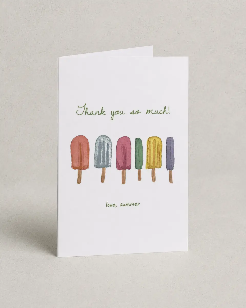 This is a 4" x 6" Folded Baby Shower Thank You Card called Summer Showers printed in full color with Silver foil on Luxe Satin (coated) paper