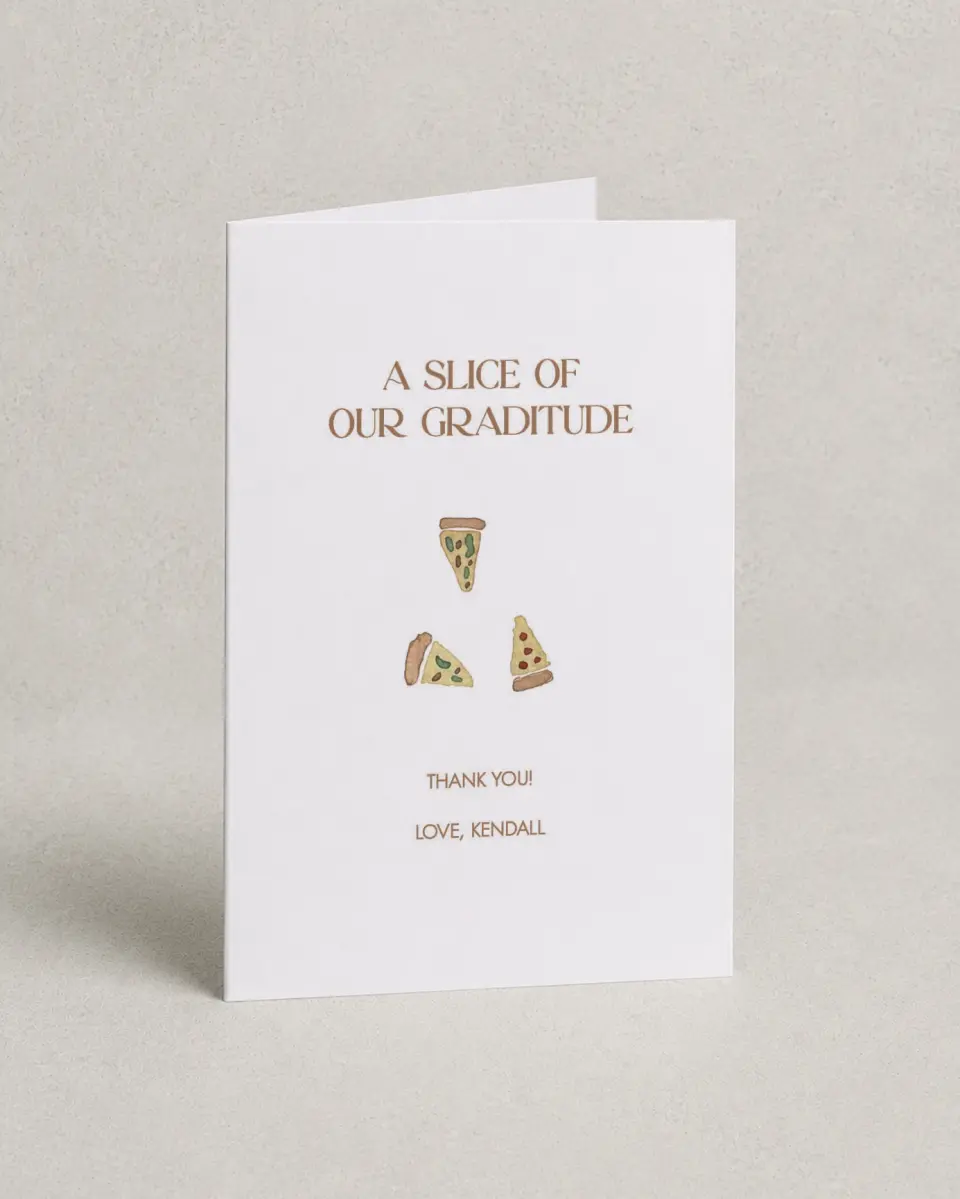 This is a 4" x 6" Folded Baby Shower Thank You Card called A Piece of Us printed in full color with Silver foil on Luxe Satin (coated) paper