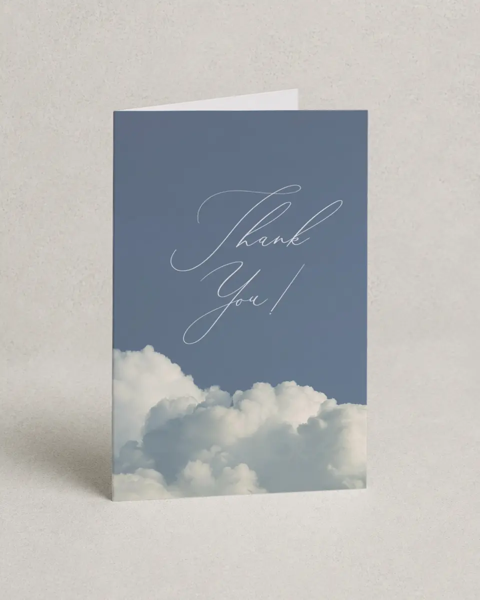 This is a 4" x 6" Folded Newlywed called Cloud 9 printed in full color on Premium Smooth paper
