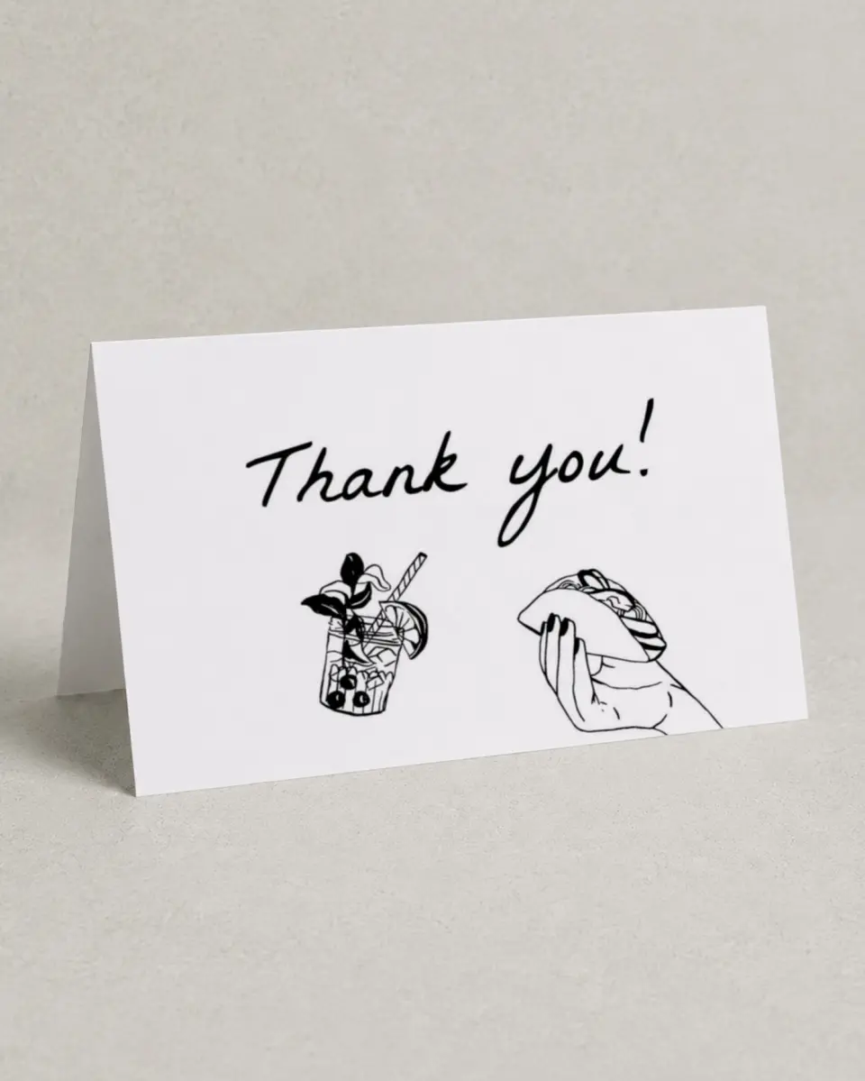 This is a 4" x 6" Folded Newlywed called Click Your Drink printed in full color on Premium Smooth paper