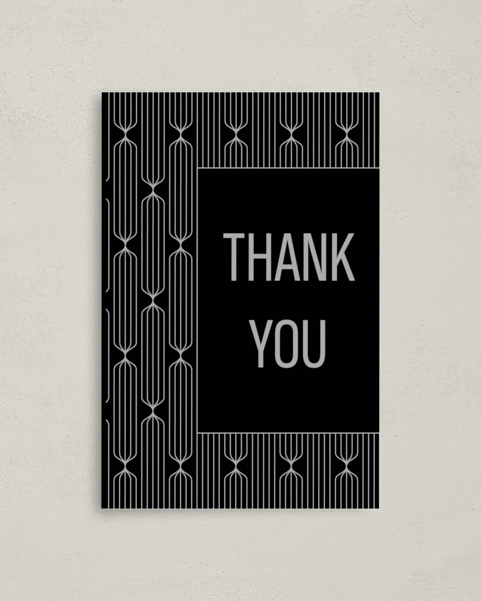 This is a 4" x 6" Folded Thank You Card called Silver & Sleek printed in full color on Premium Smooth paper