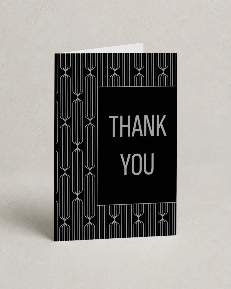 This is a 4" x 6" Folded Thank You Card called Silver & Sleek printed in full color on Premium Smooth paper