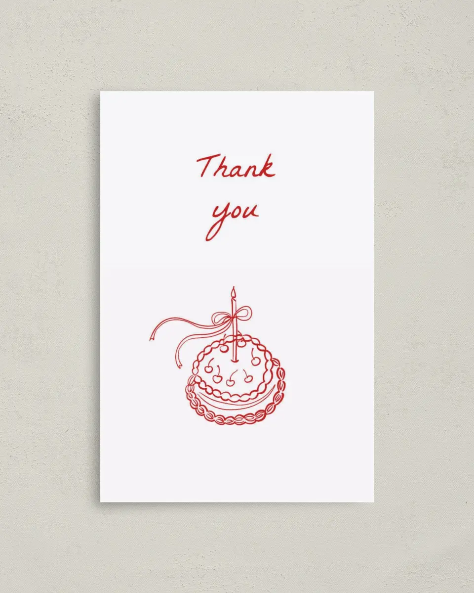 This is a 4" x 6" Folded Thank You Card called Charming Cake printed in full color on Premium Smooth paper