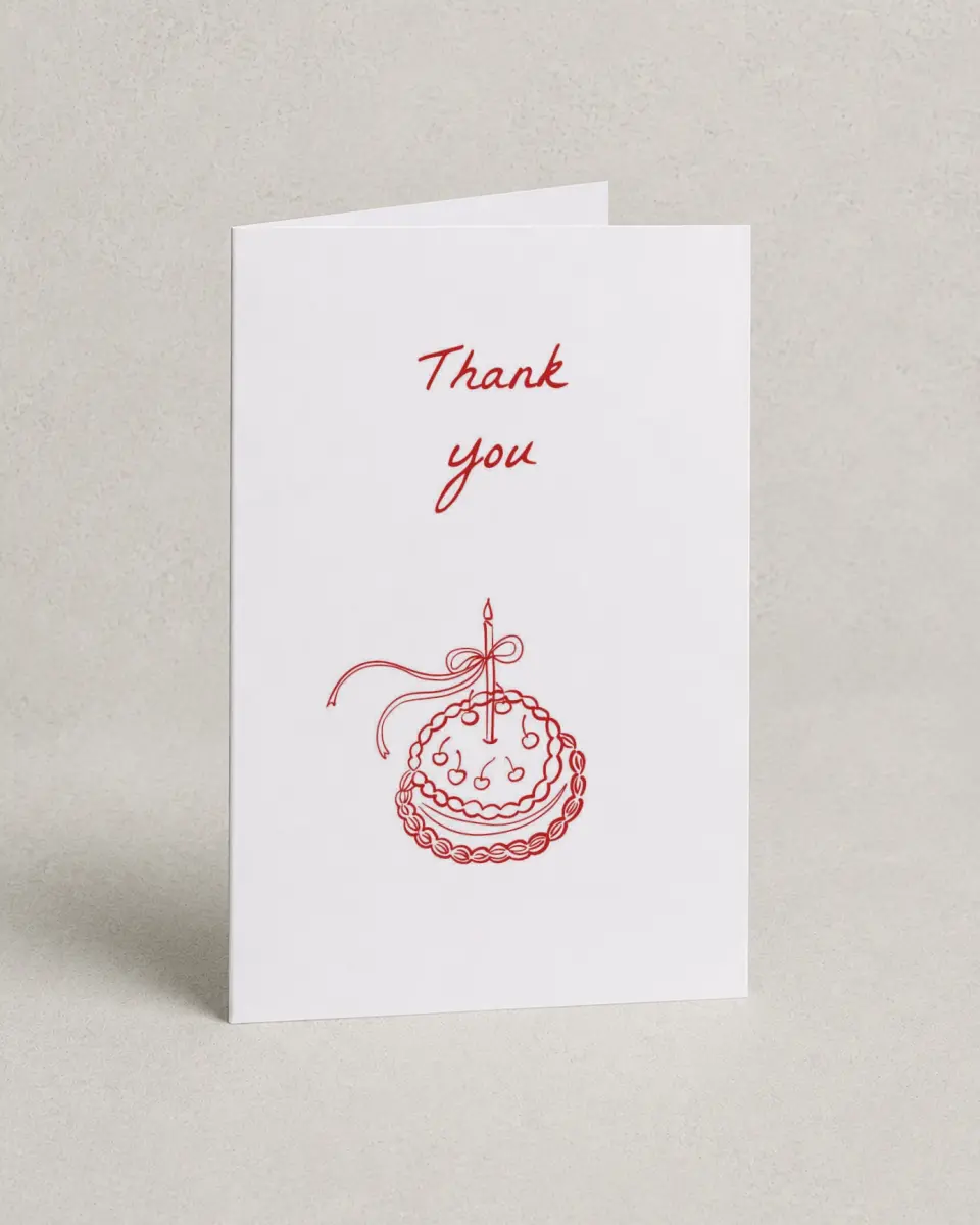 This is a 4" x 6" Folded Thank You Card called Charming Cake printed in full color on Premium Smooth paper
