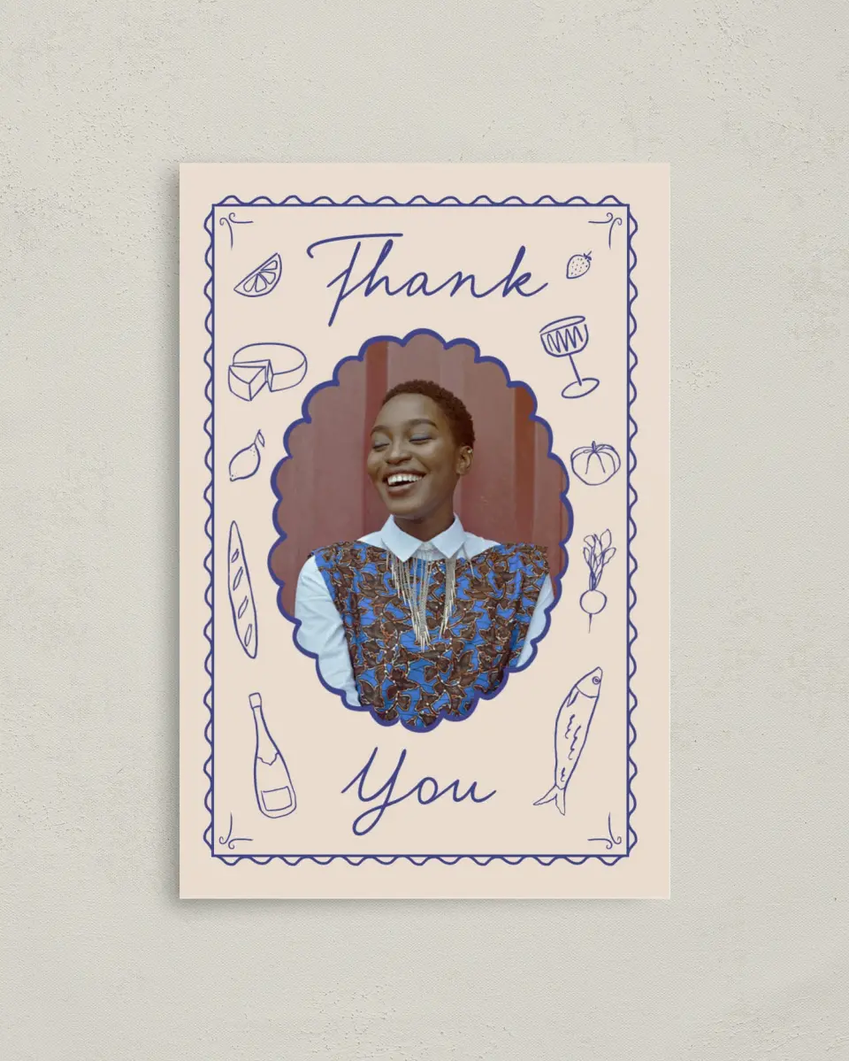 This is a 4" x 6" Folded Thank You Card called Dinner Party printed in full color on Premium Smooth paper