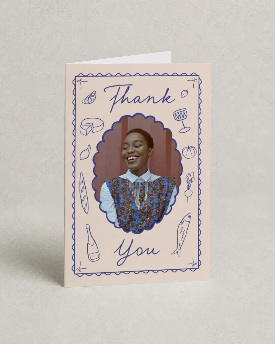 This is a 4" x 6" Folded Thank You Card called Dinner Party printed in full color on Premium Smooth paper