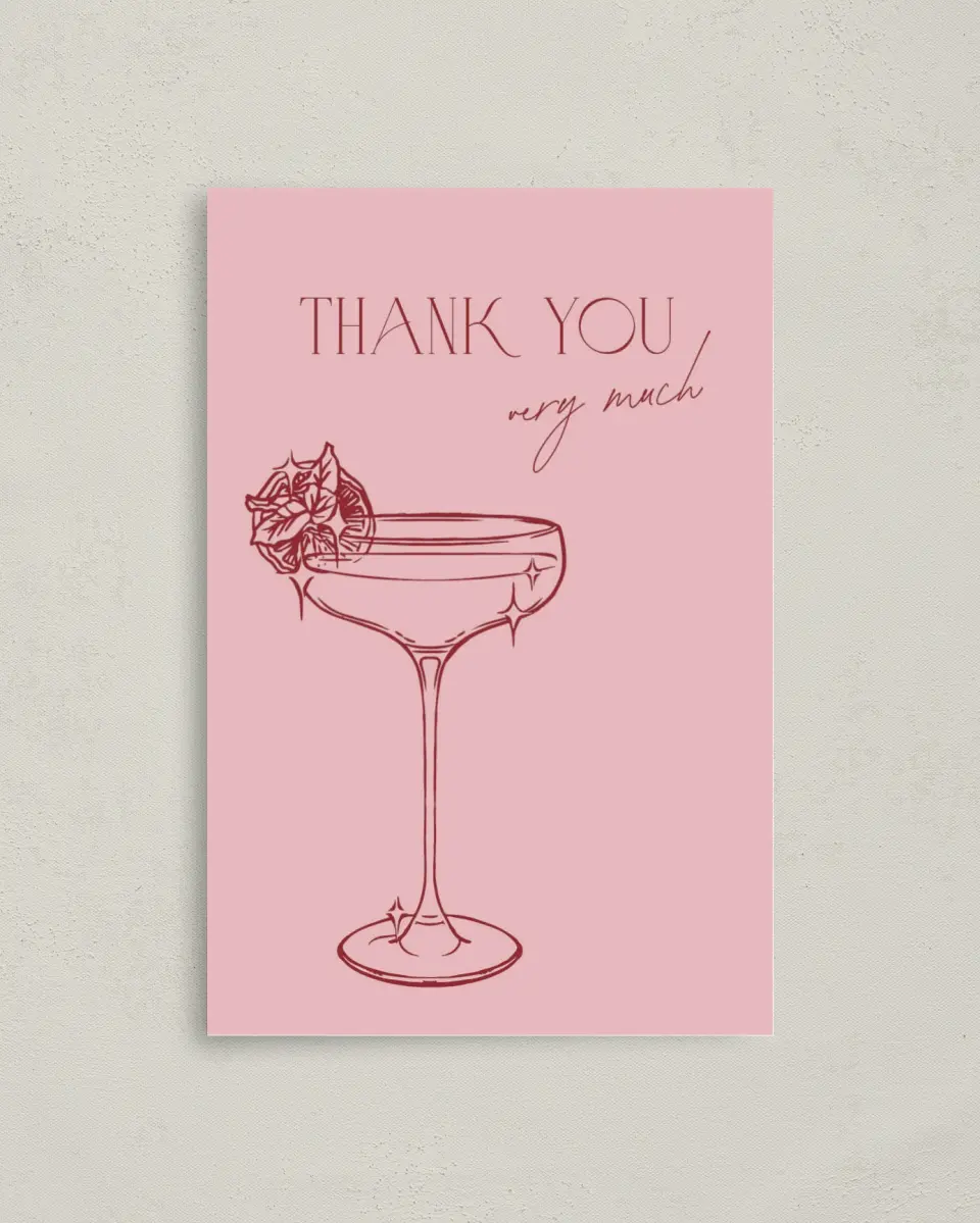 This is a 4" x 6" Folded Thank You Card called Cocktail Hour printed in full color on Premium Smooth paper