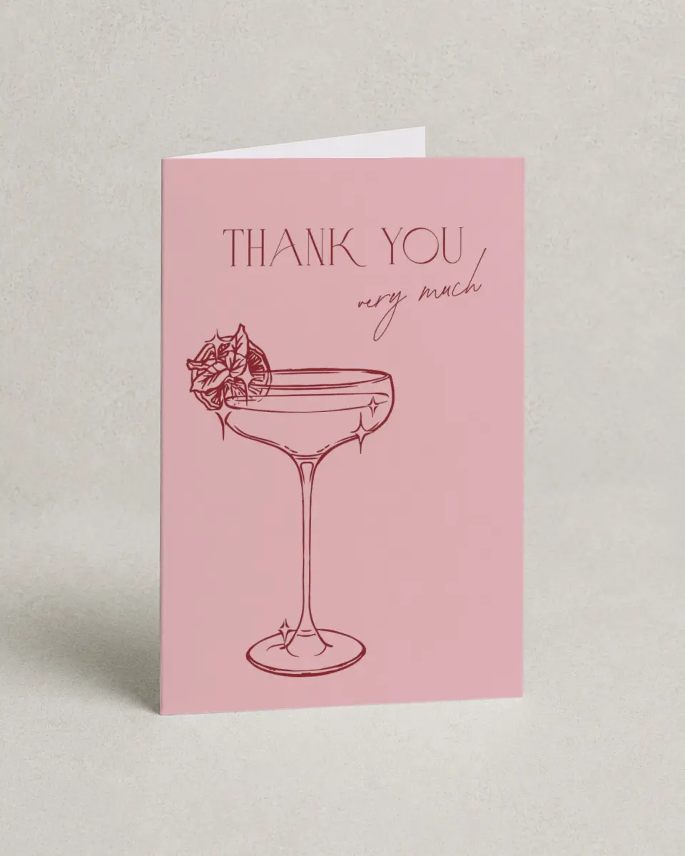 This is a 4" x 6" Folded Thank You Card called Cocktail Hour printed in full color on Premium Smooth paper